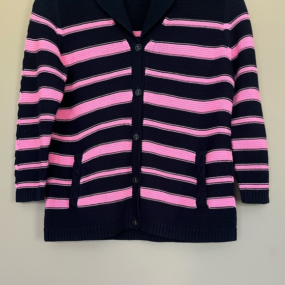{Talbots} Shawl Collar Striped Cardigan Sweater in Pink & Navy - Womens Large - Picture 3 of 8